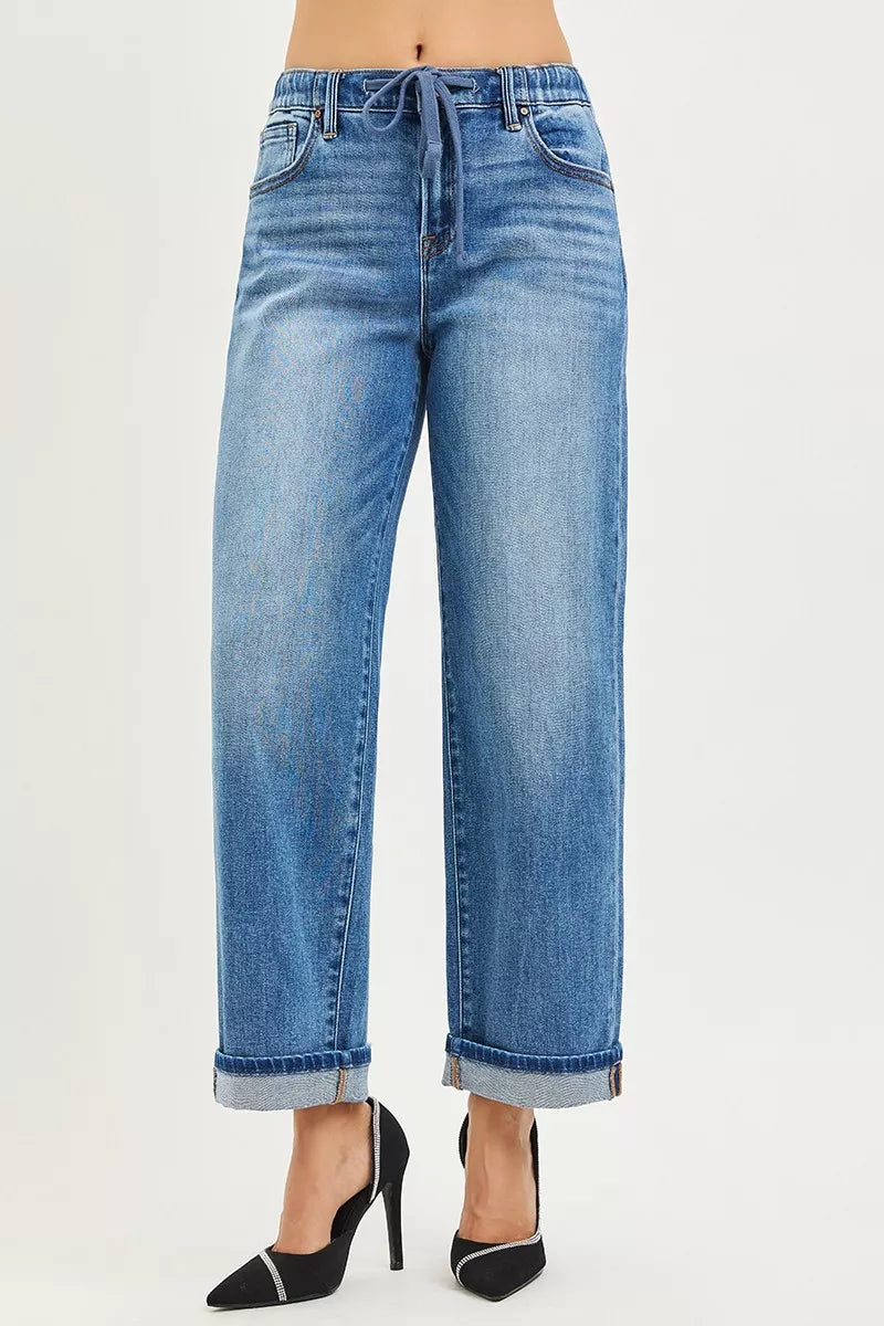 RISEN elastic band denim cuffed hem detail
