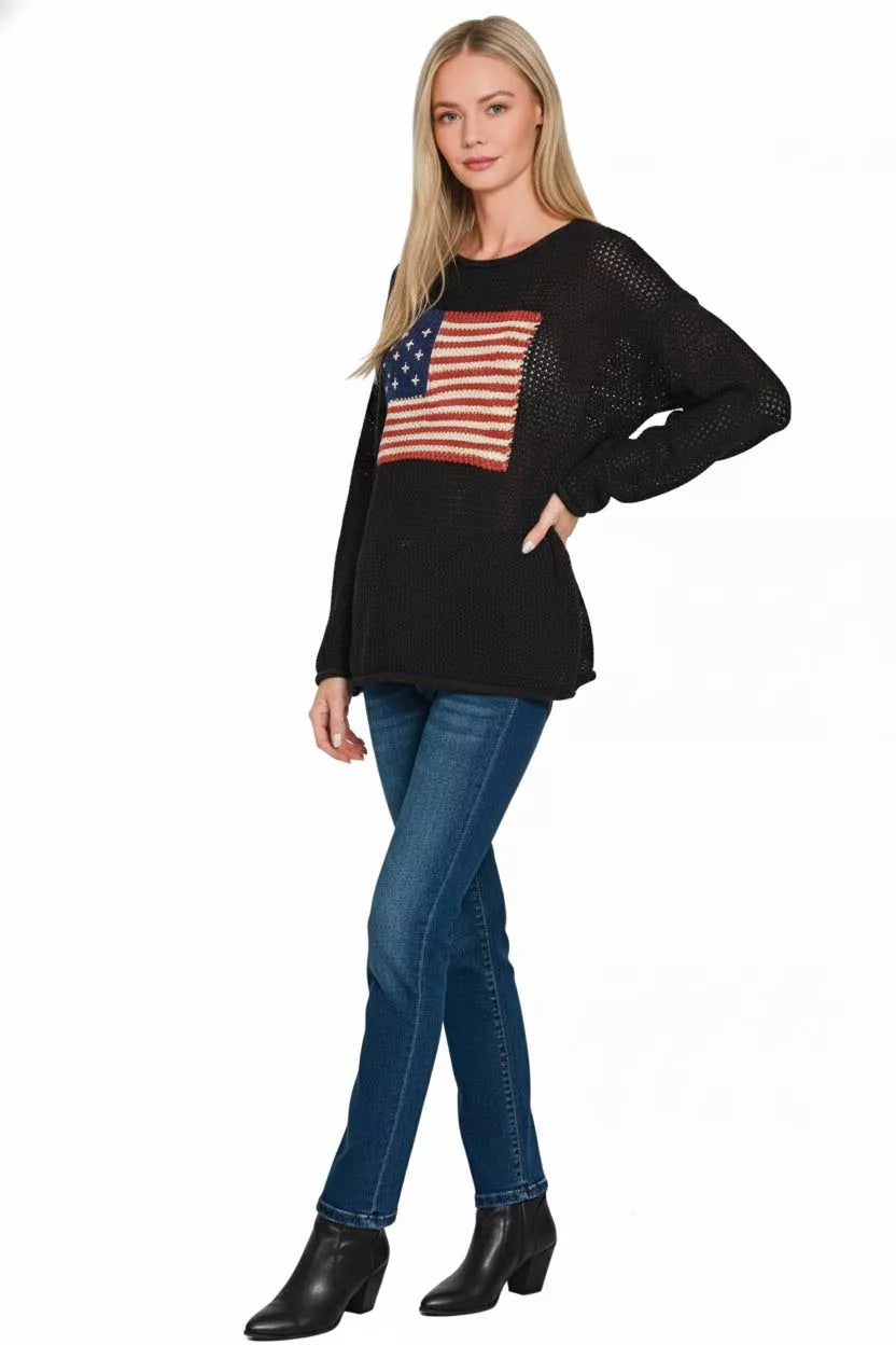 American Flag Print Crew Neck Sweater in Black side view