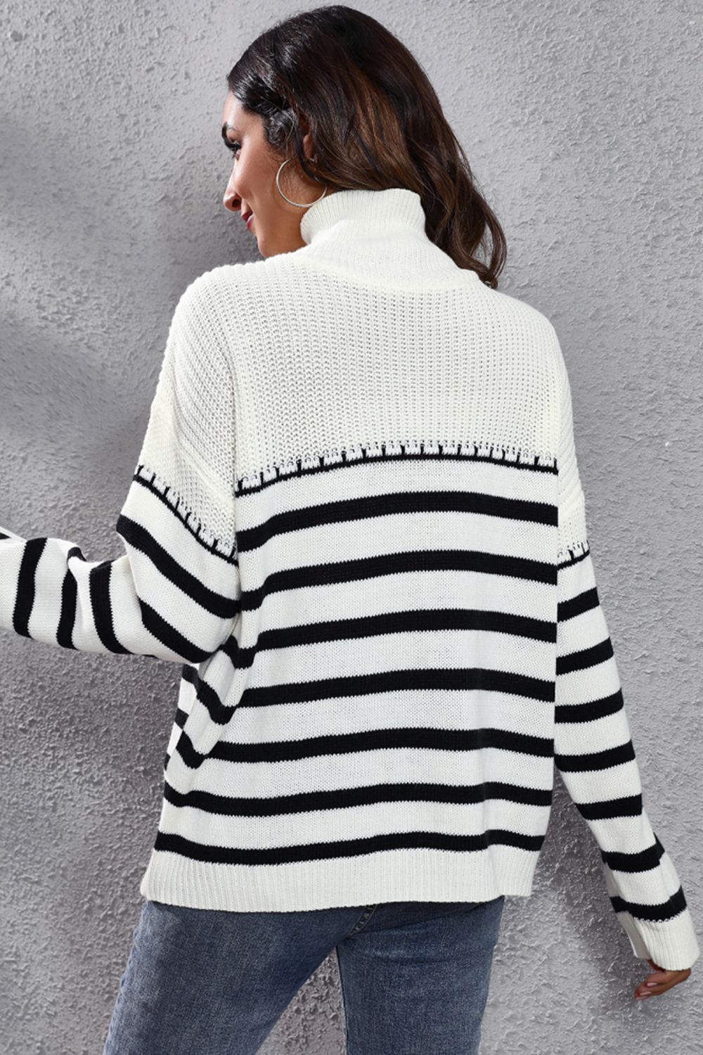 Striped Turtleneck Drop Shoulder Sweater - Fashorio