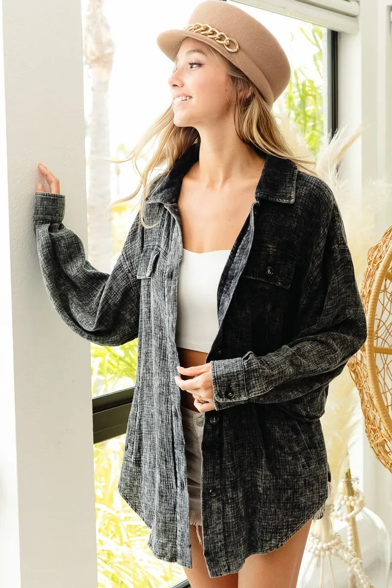 BiBi Vintage Washed Wrinkle Gauze Shacket - Fashorio