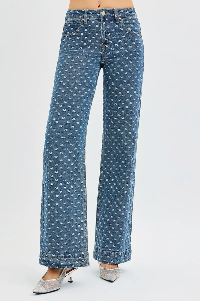 RISEN high rise wide leg bow embroidered jeans front view in dark blue