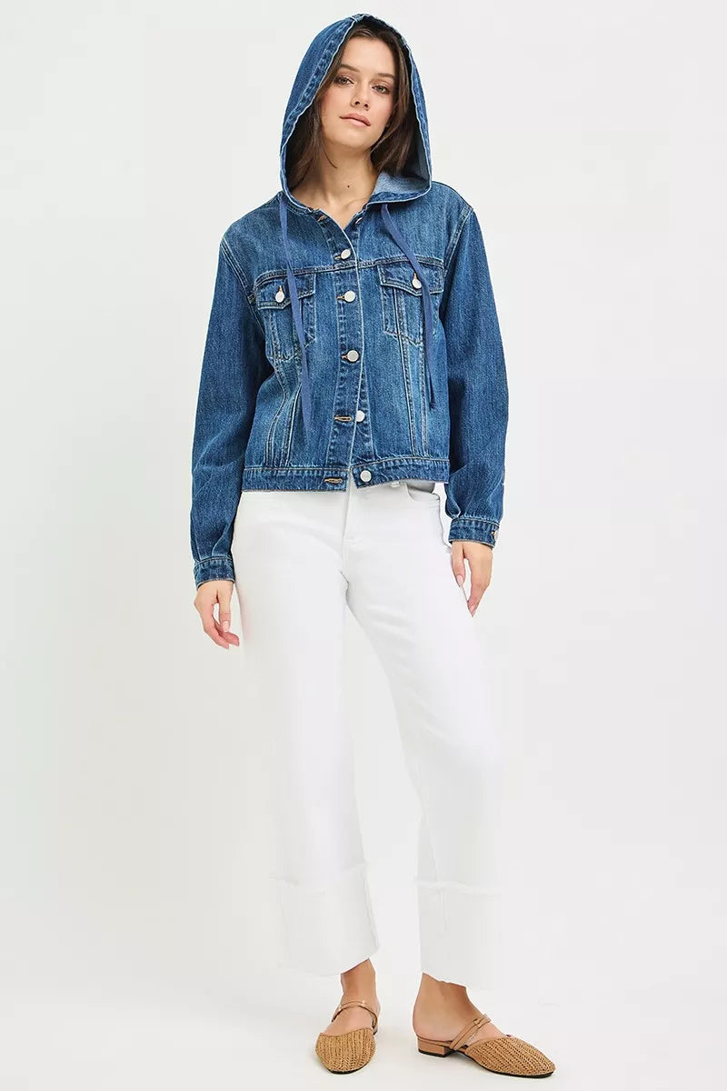Medium wash hooded denim jacket close up view