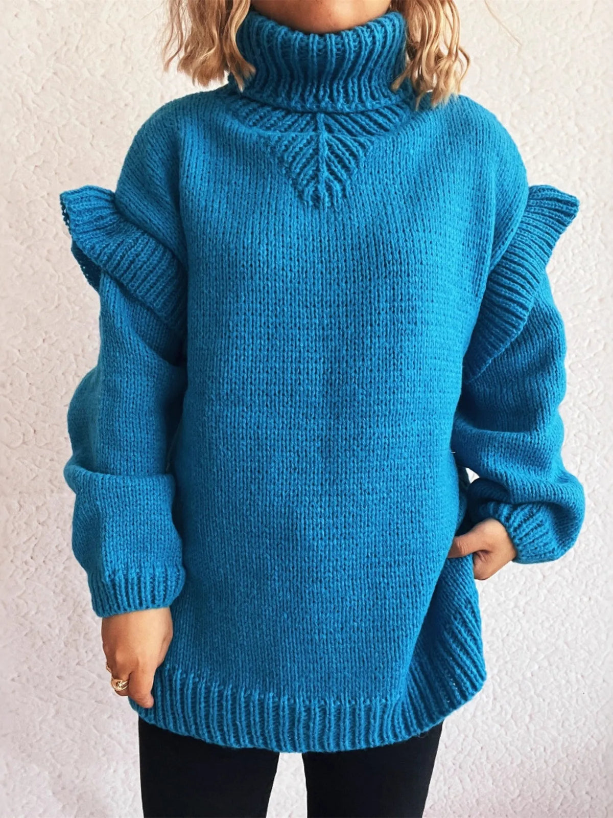 Ruffled turtleneck long sleeve sweater front view