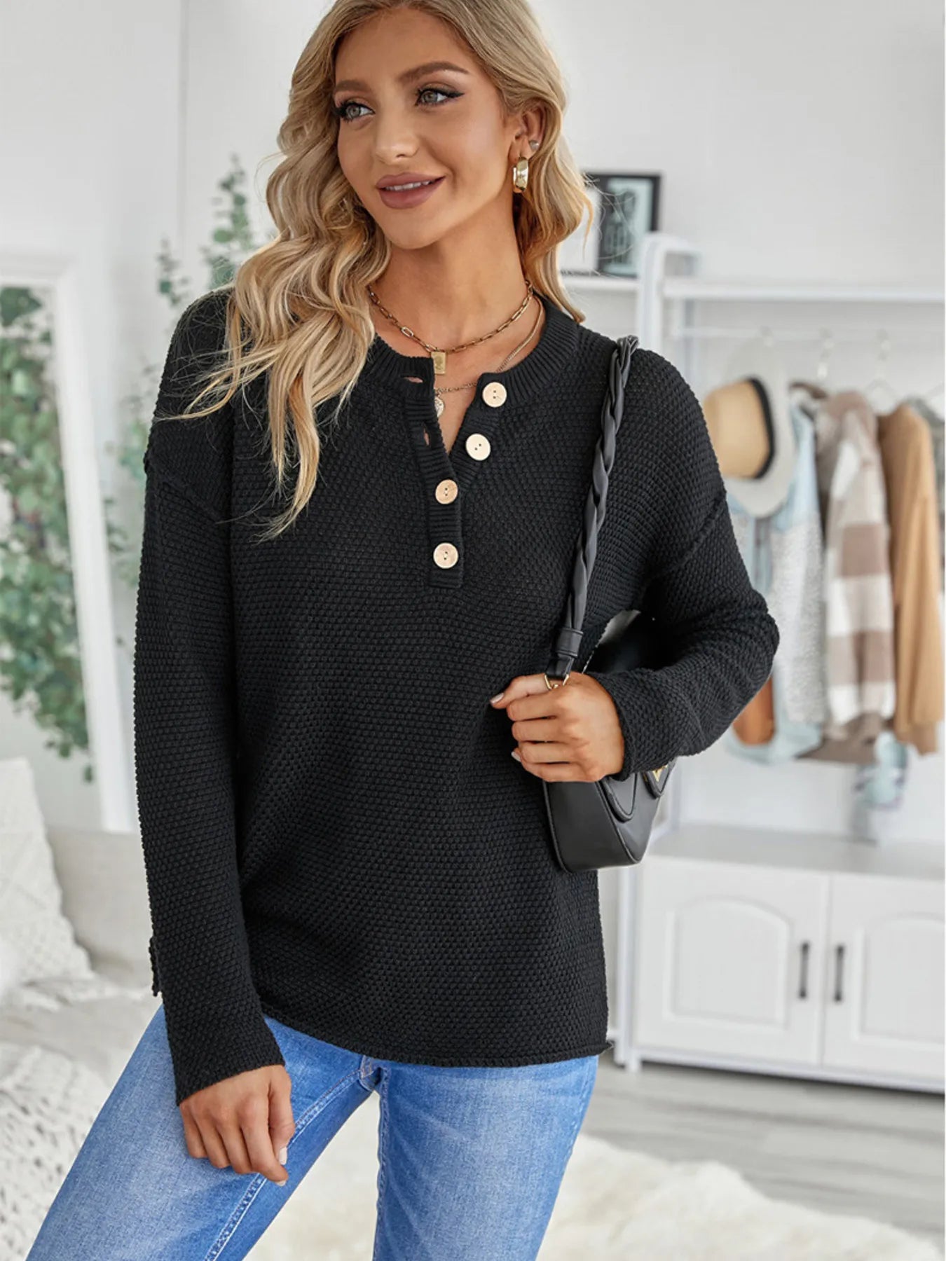 Button Detail Long Sleeve Knit Top - Fashorio