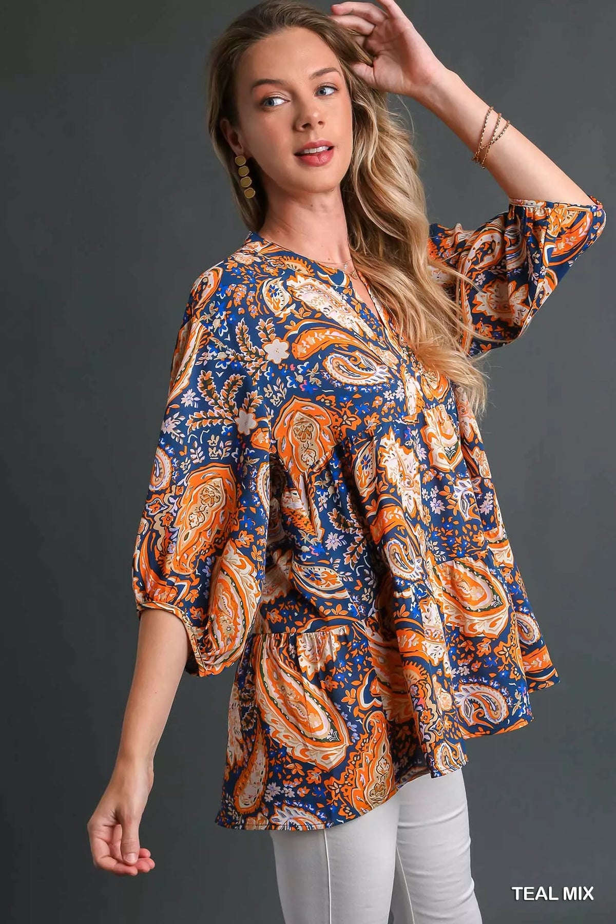 Teal mix paisley tunic side drape