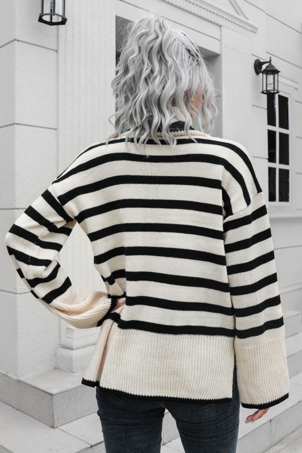 Striped Turtleneck Drop Shoulder Sweater - Fashorio