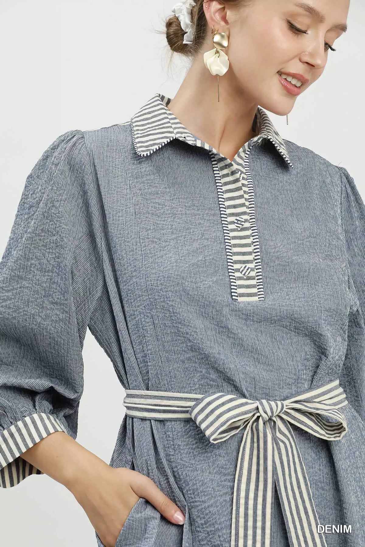 Casual striped mini dress styled full length