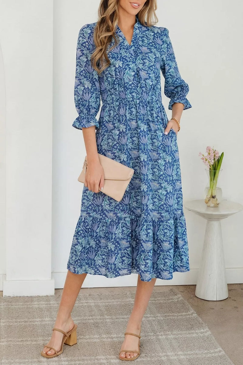Dusty blue floral V neck tiered maxi dress front view