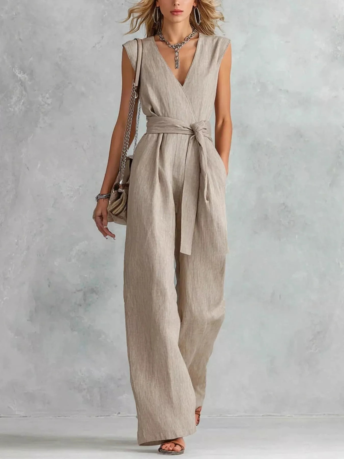 Sleeveless wide leg jumpsuit with tie waist, front view