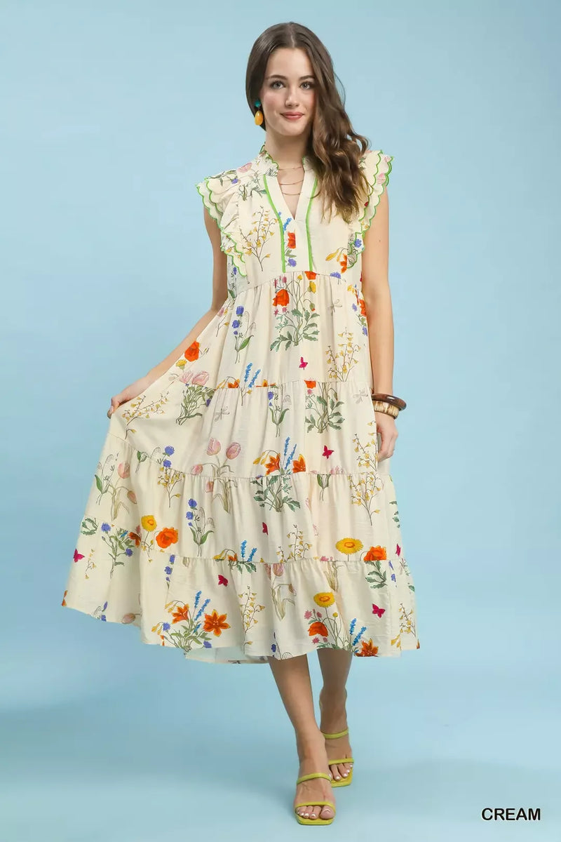 umgee cream floral ruffle tiered midi dress front view