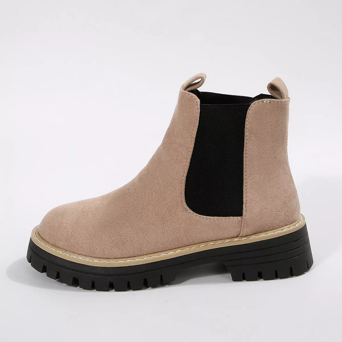 Suede round toe block heel boots laces detail