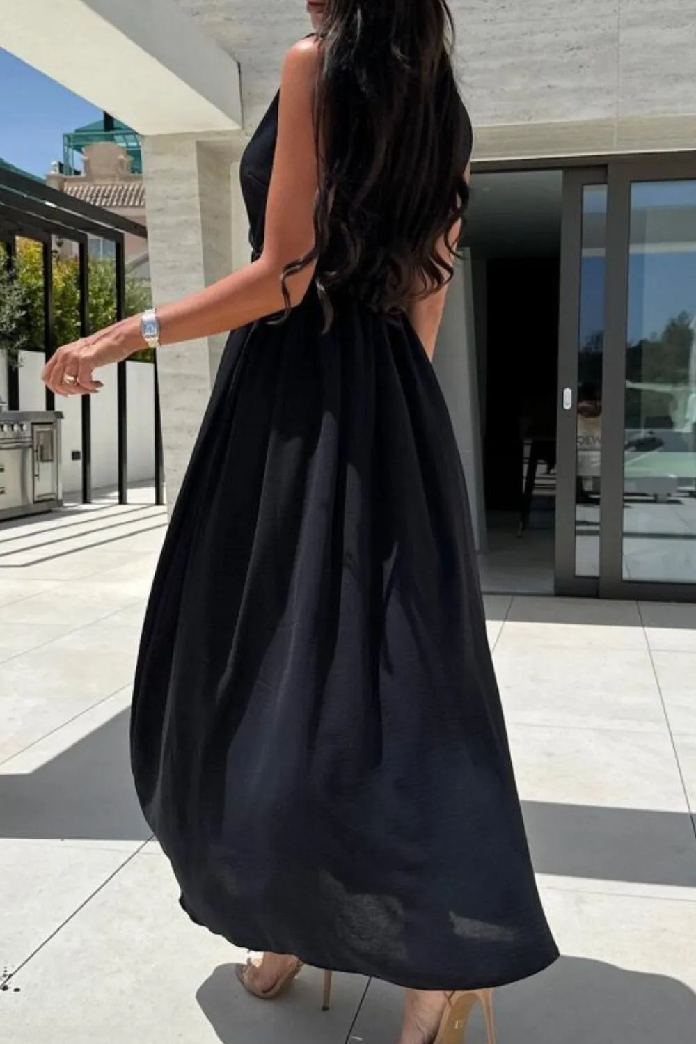 sleeveless surplice wrap maxi dress with leg slit full length view