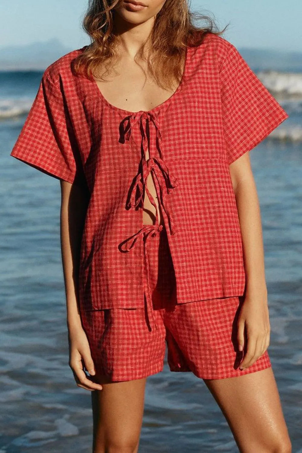 Plaid Tied Scoop Neck Short Sleeve Top and Drawstring Shorts Set back view