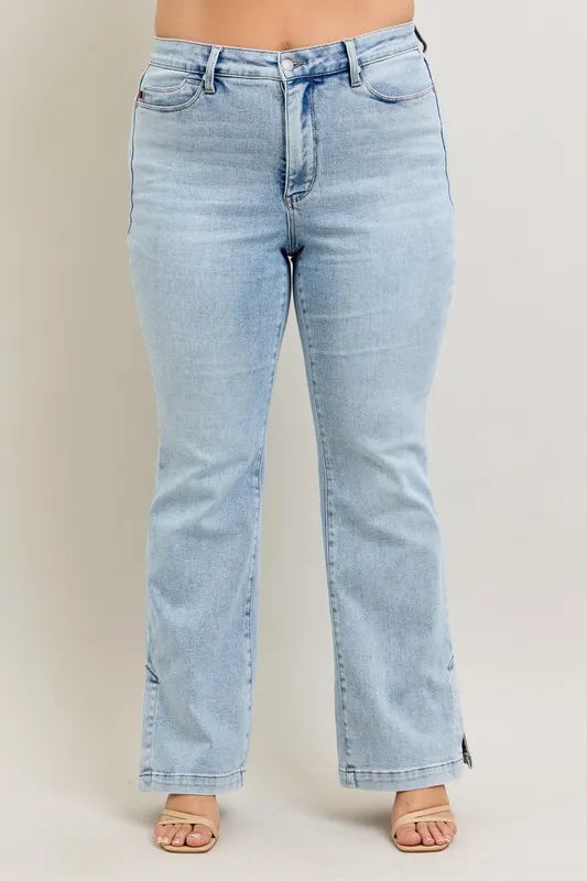 Judy Blue Full Size Tummy Control Vintage Wash Side Slit Slim Boot Jeans Plus Size - Fashorio