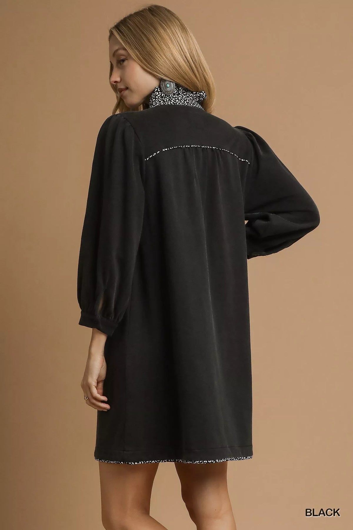 French Terry Balloon Sleeve Shift Dress in Black side view