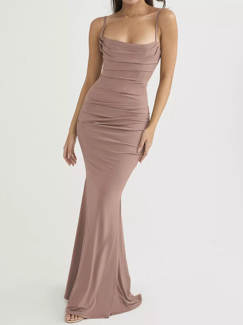 Ruched spaghetti strap bodycon maxi dress front view