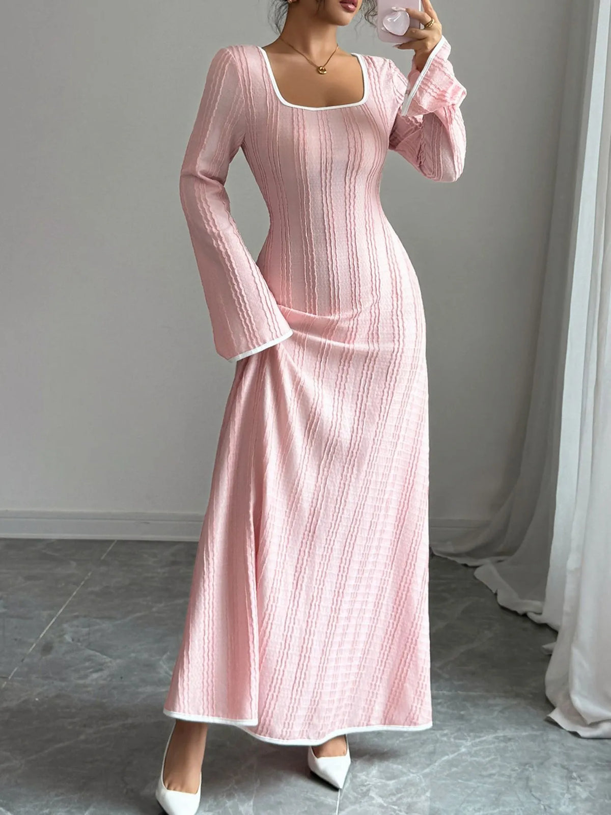 Blush pink maxi dress square neckline detail