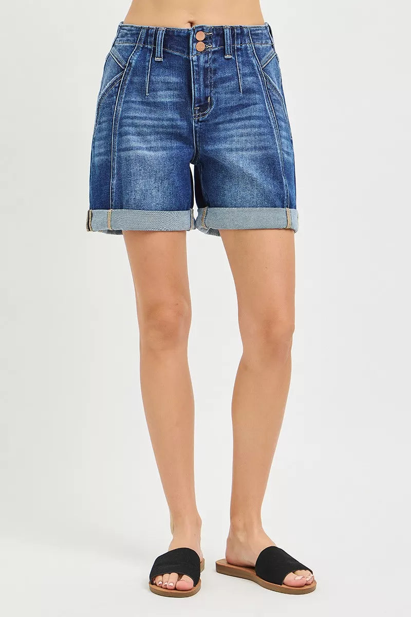 dark wash RISEN high rise roll up shorts fabric detail