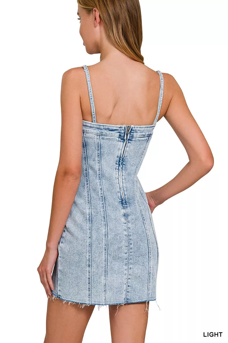 Spaghetti Strap Exposed Seam Dress in Light Wash side view