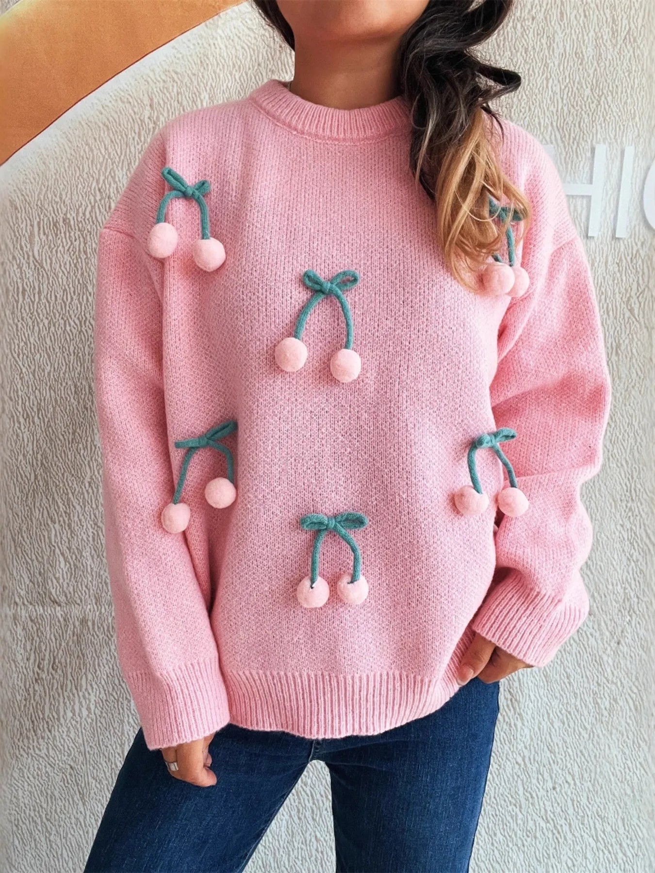 Cherry Round Neck Long Sleeve Sweater Pink One Size - Fashorio