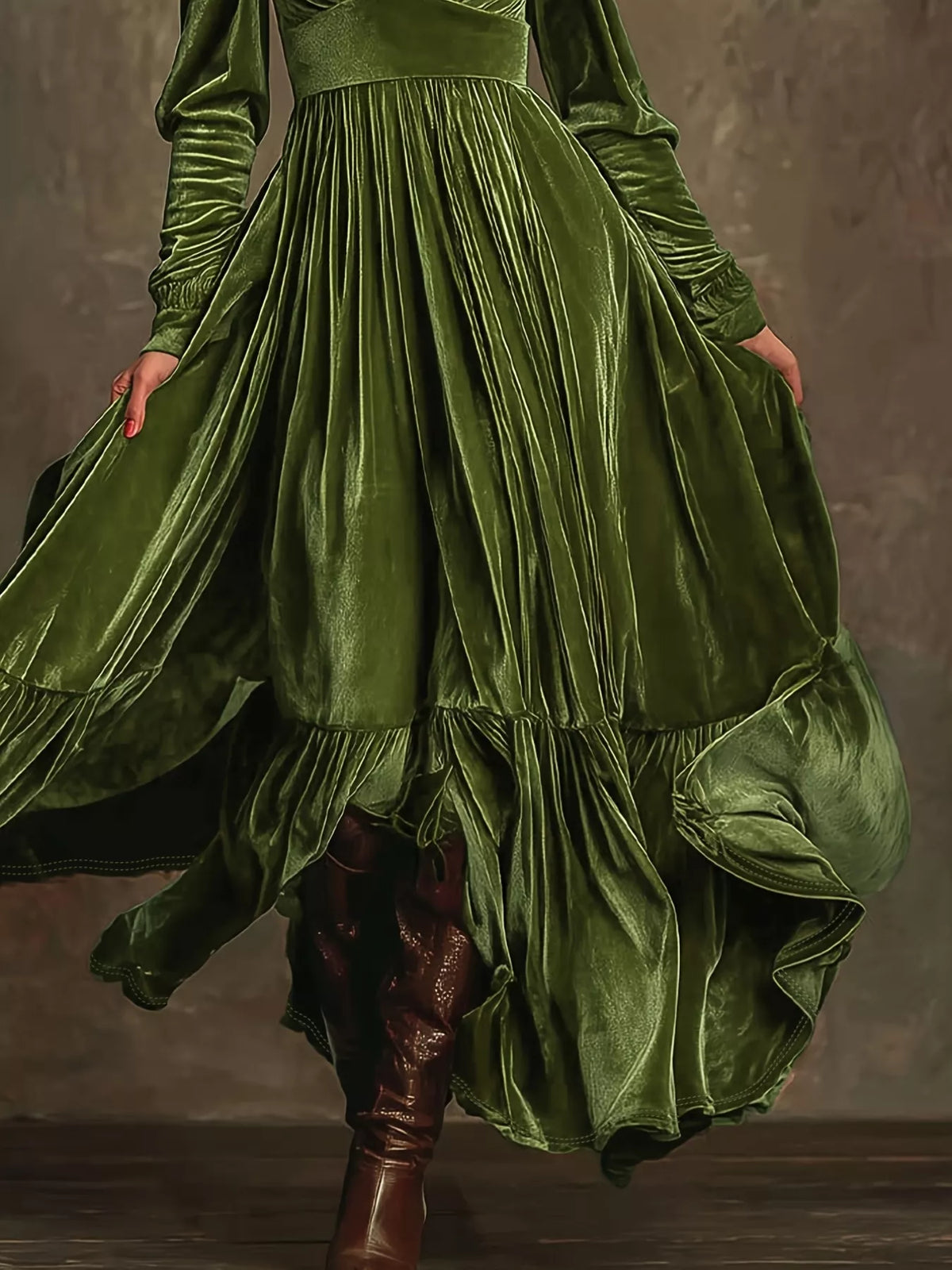 Ruffled hem long sleeve maxi dress side view