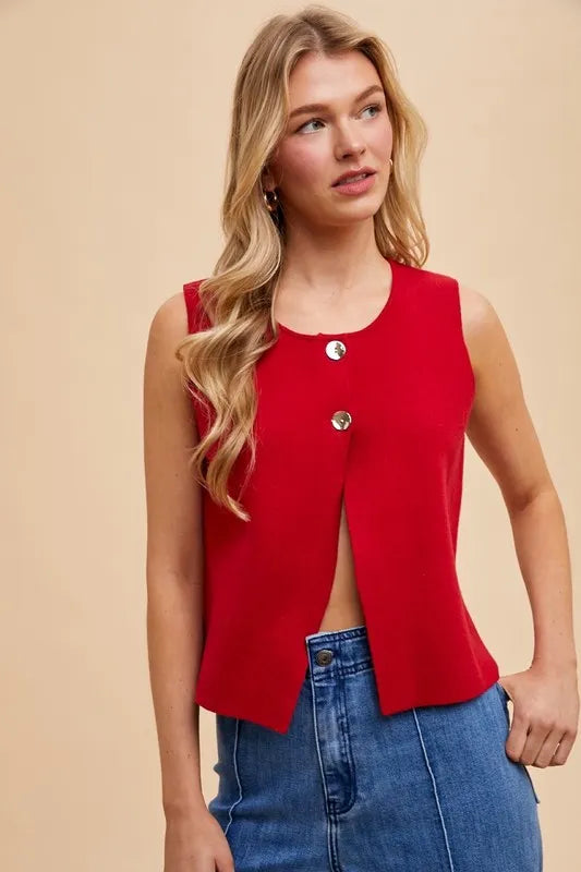 Metal Button Cropped Sweater Vest in Red
