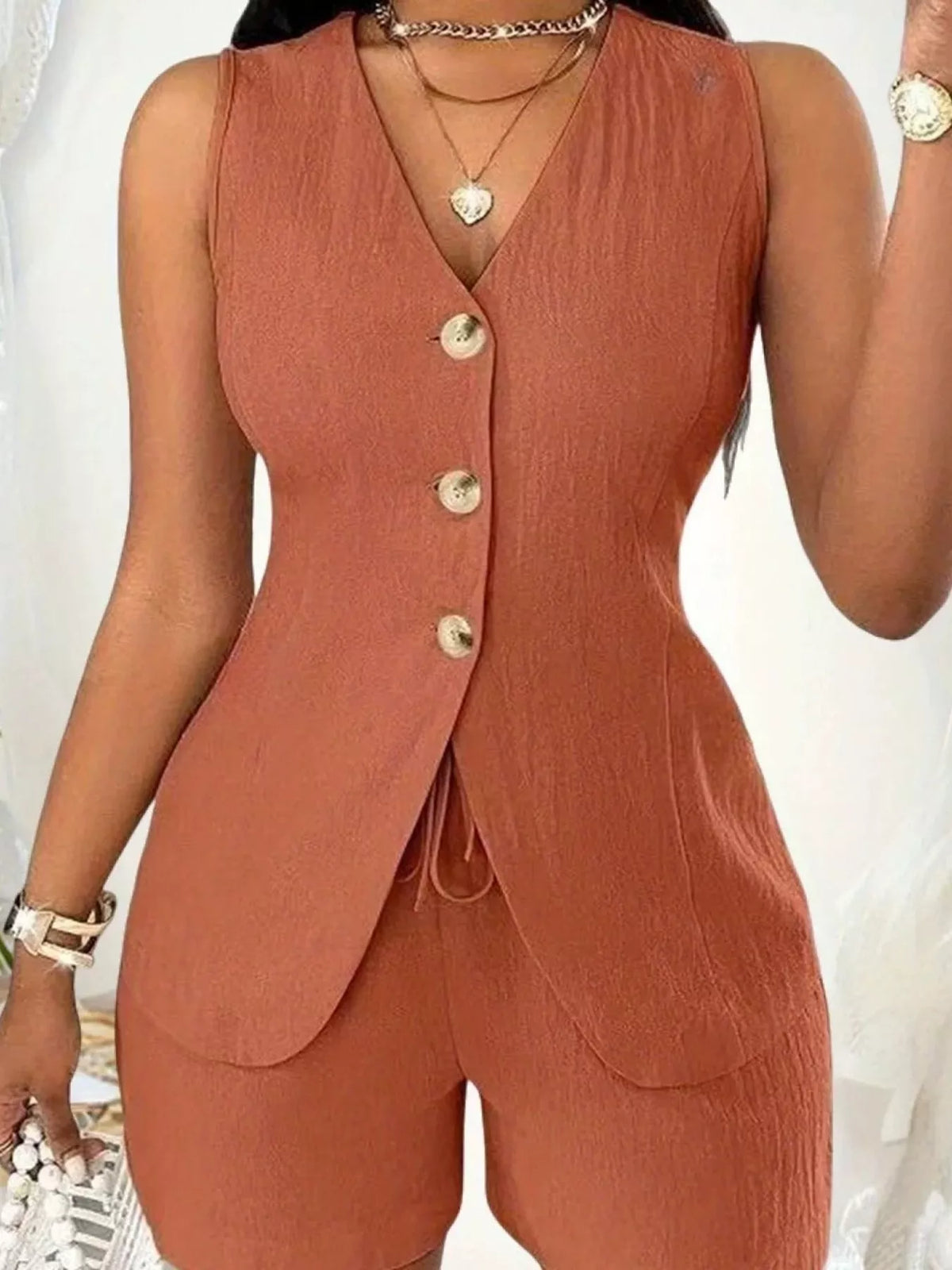 Sleeveless button down vest and shorts set front view