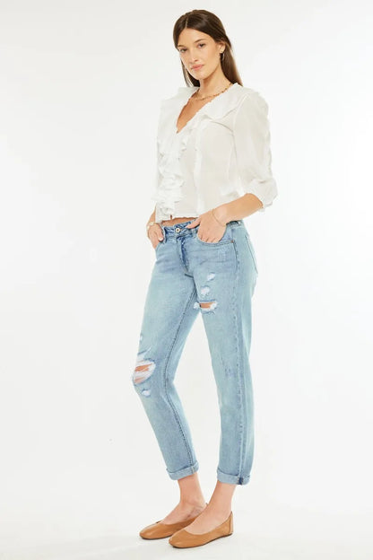 Kancan Mid Rise Distressed Boyfriend Fit Jeans - Fashorio