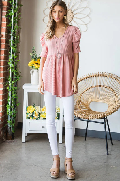 Heimish Full Size Waffle Knit V-Neck Babydoll Top - Fashorio