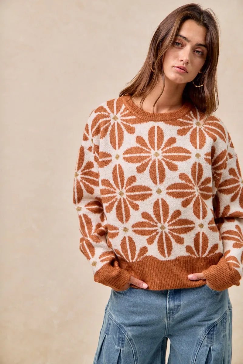 Floral Pattern Long Sleeve Sweater in Rust and Ivory on model