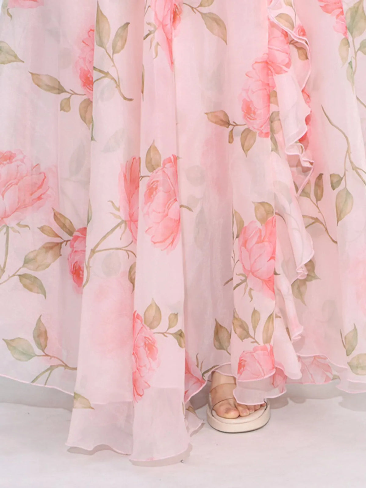 Floral ruffled maxi dress vacation styling