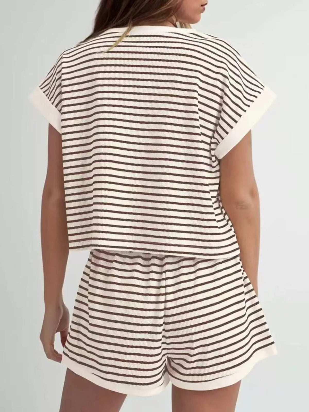 Striped Round Neck Top and Shorts Set Plus Size, view 8