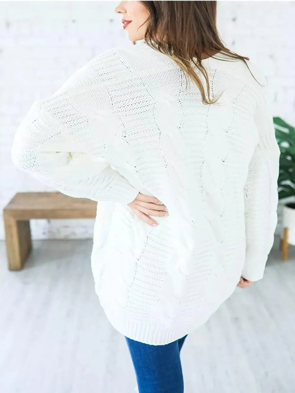 Cable-Knit Open Front Long Sleeve Cardigan White - Fashorio