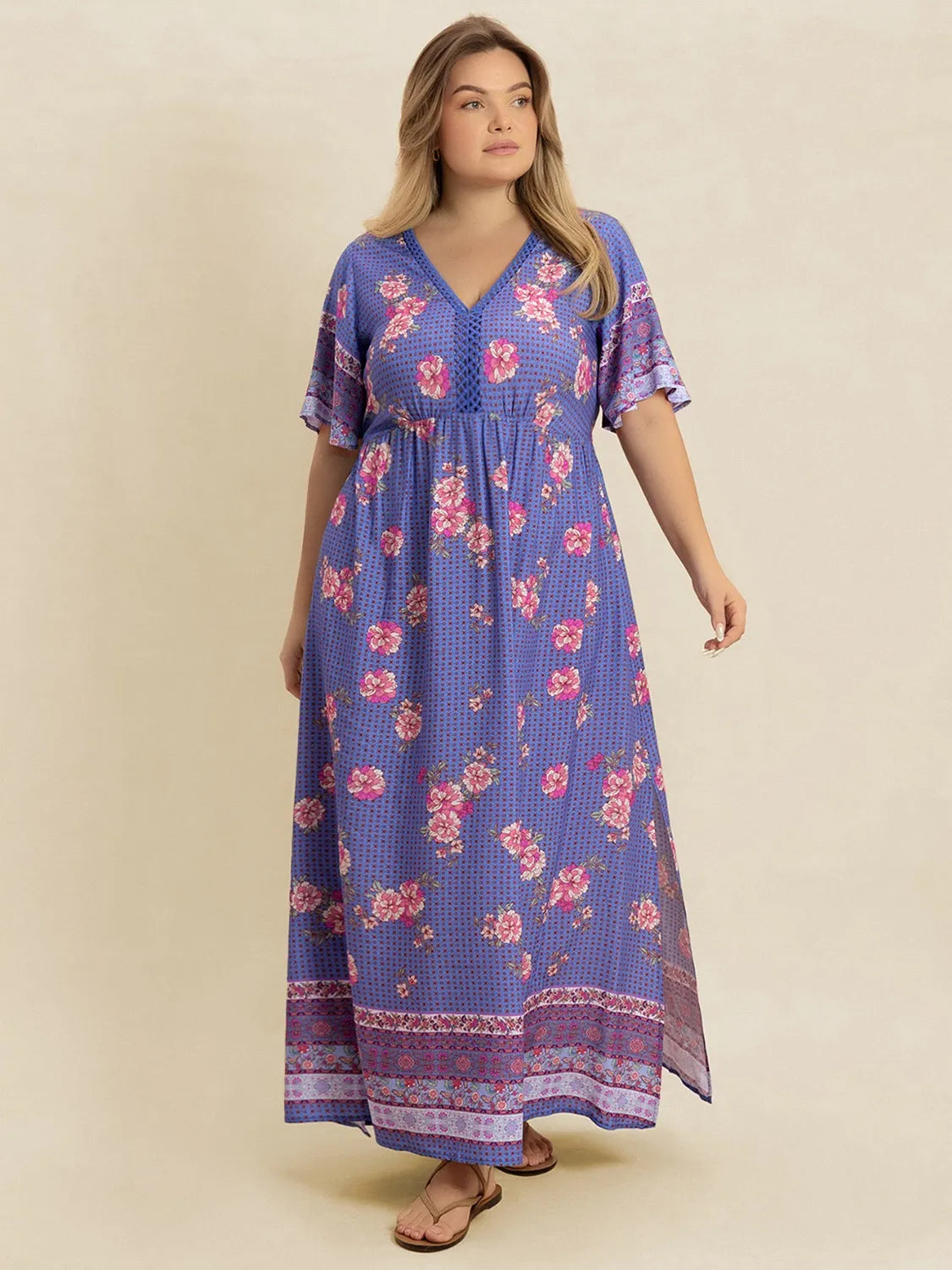 blue purple plus size printed v neck flutter sleeve dress back view