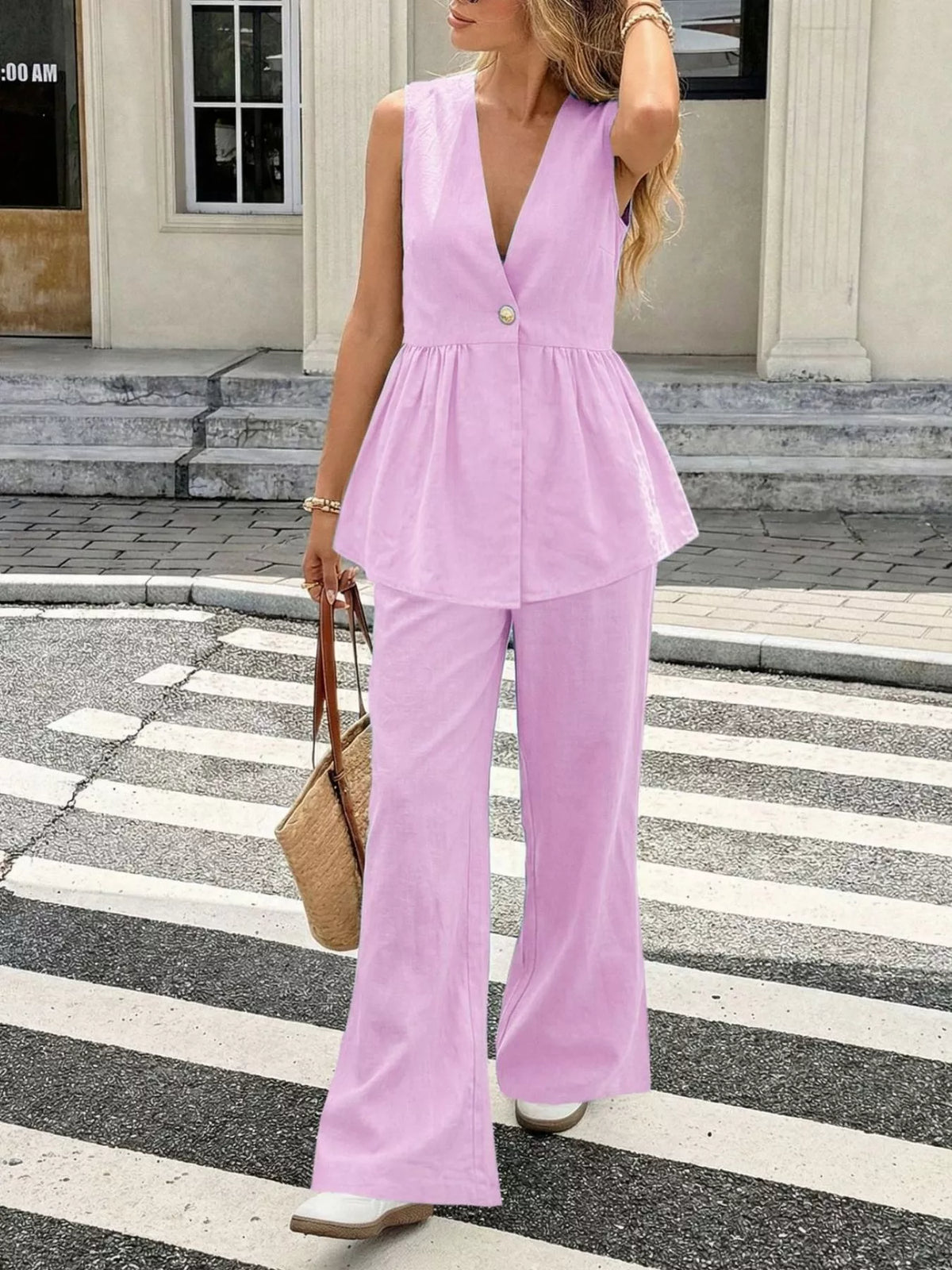V neck peplum set back view