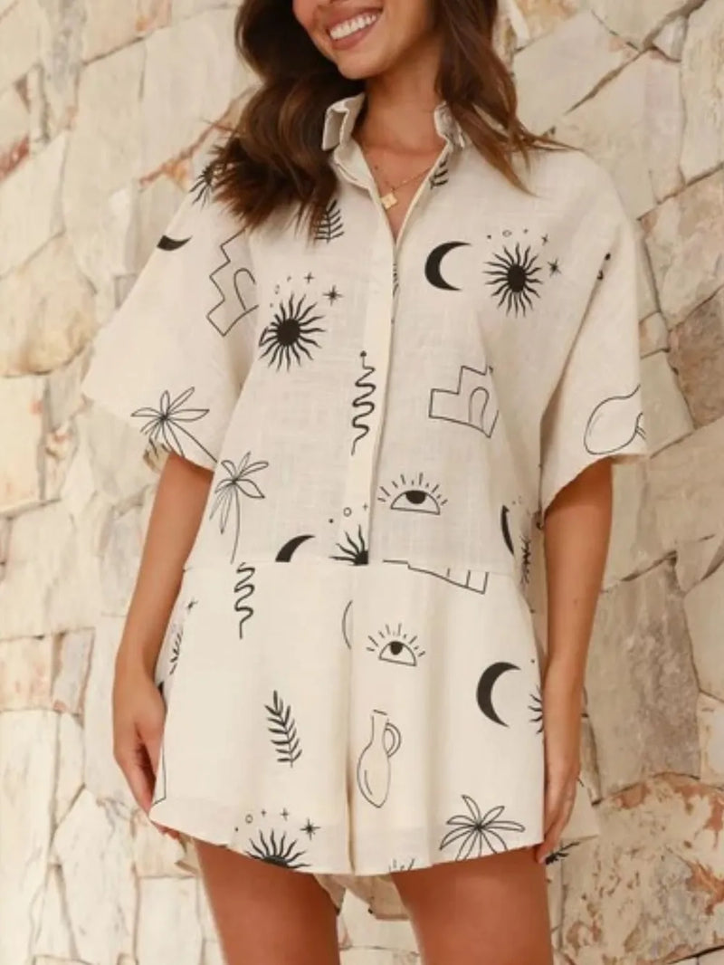Printed collared neck half sleeve romper front view