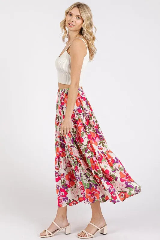 Mittoshop Flower Print Elastic Waist Tiered Skirt - Fashorio