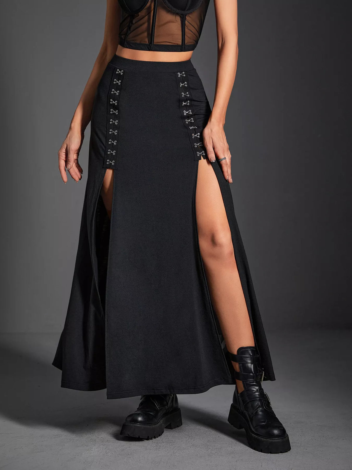 Back view of long black slit skirt