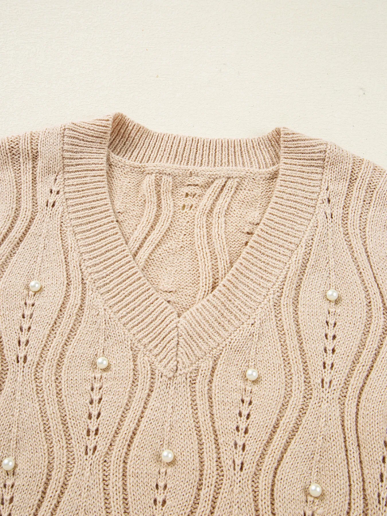 Pearl Beaded Pointelle Knit V Neck Lace Patchwork Sleeve Sweater - Fashorio