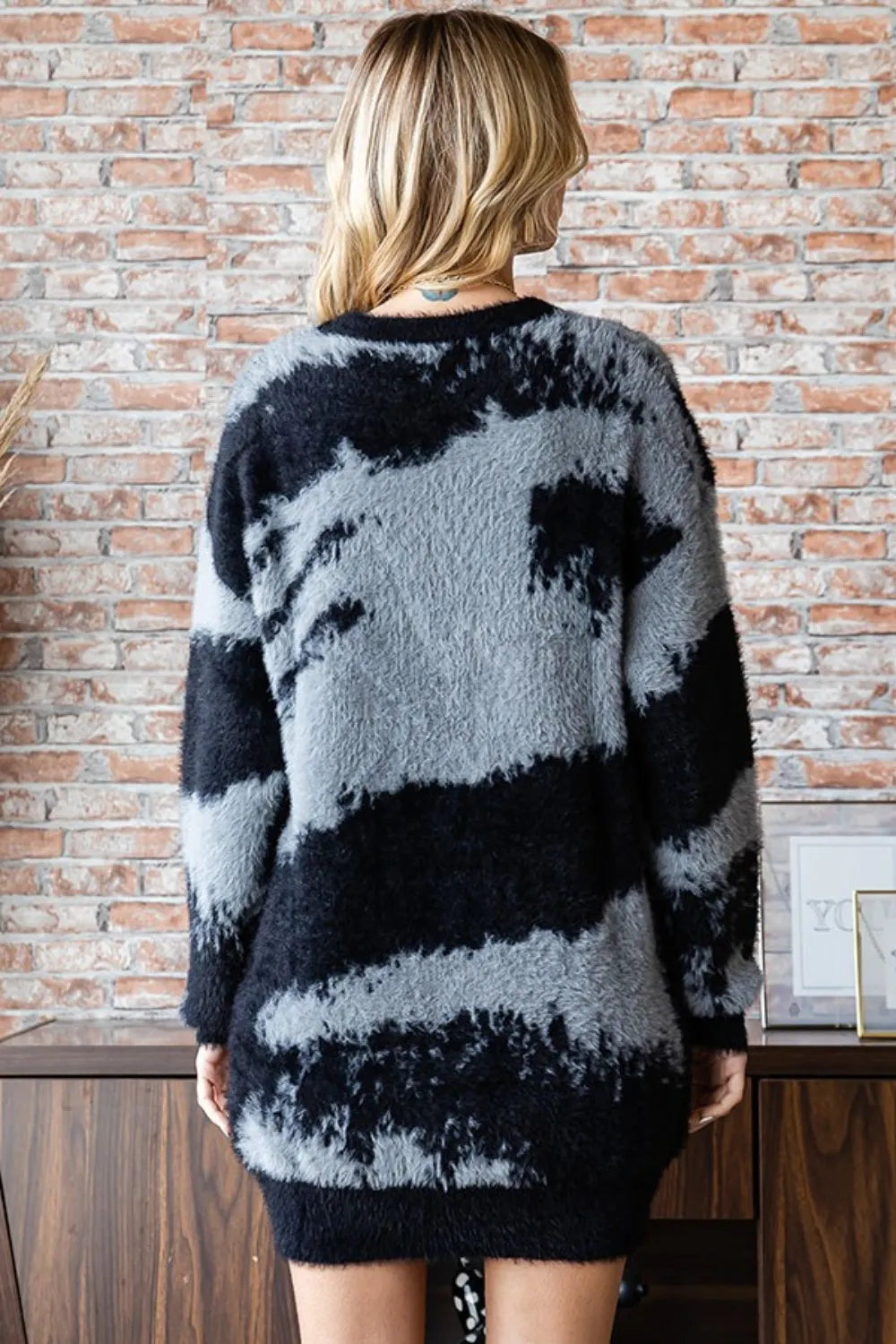 Abstract Feather Yarn Sweater in Black back view