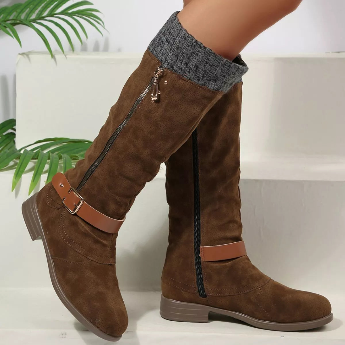 Brown round toe block heels boots heel detail