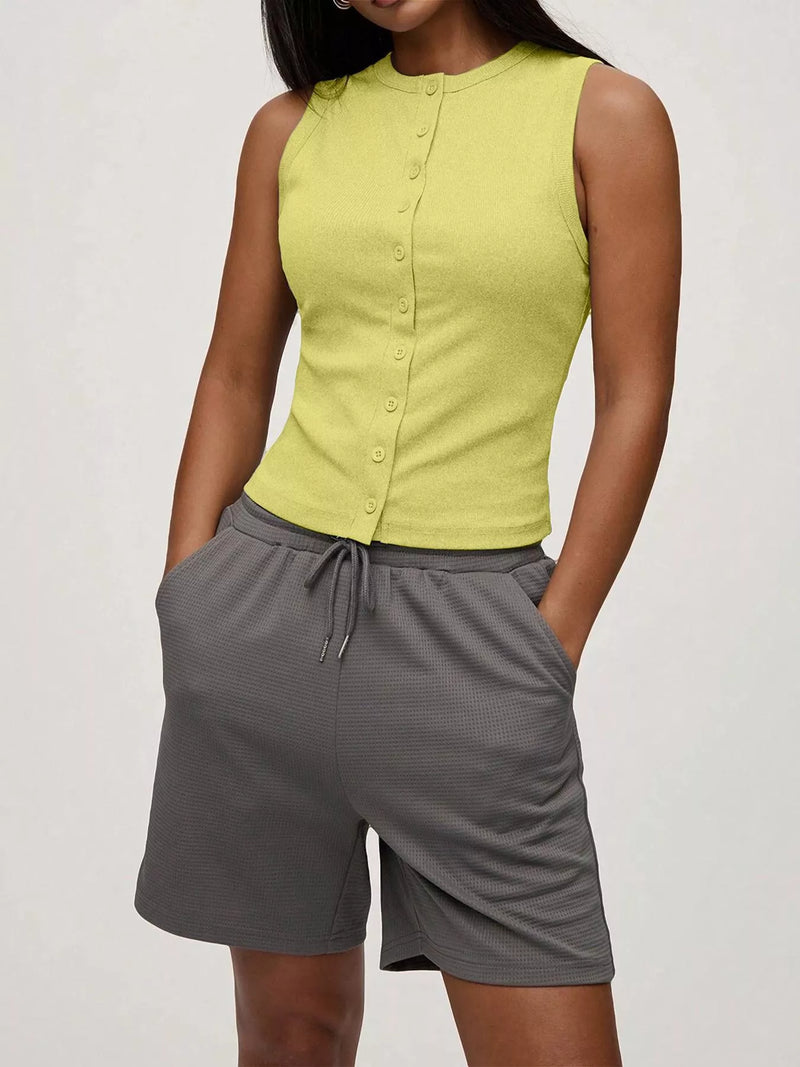 Ribbed Button Front Sleeveless Tank front view