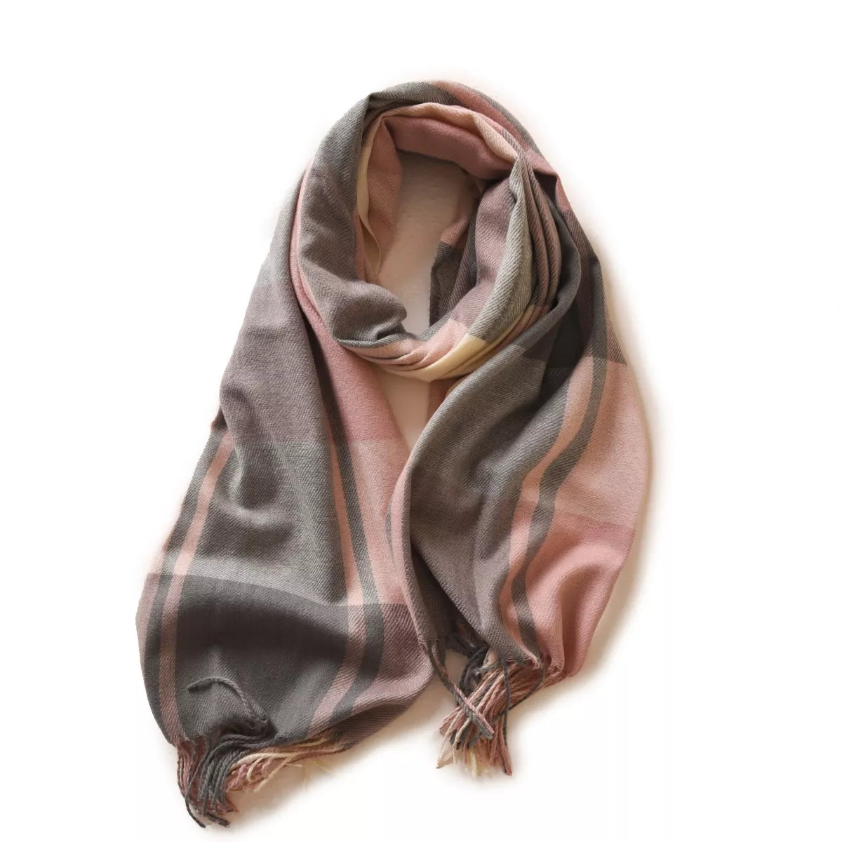 Detail of the soft fringe ends on the plaid scarf