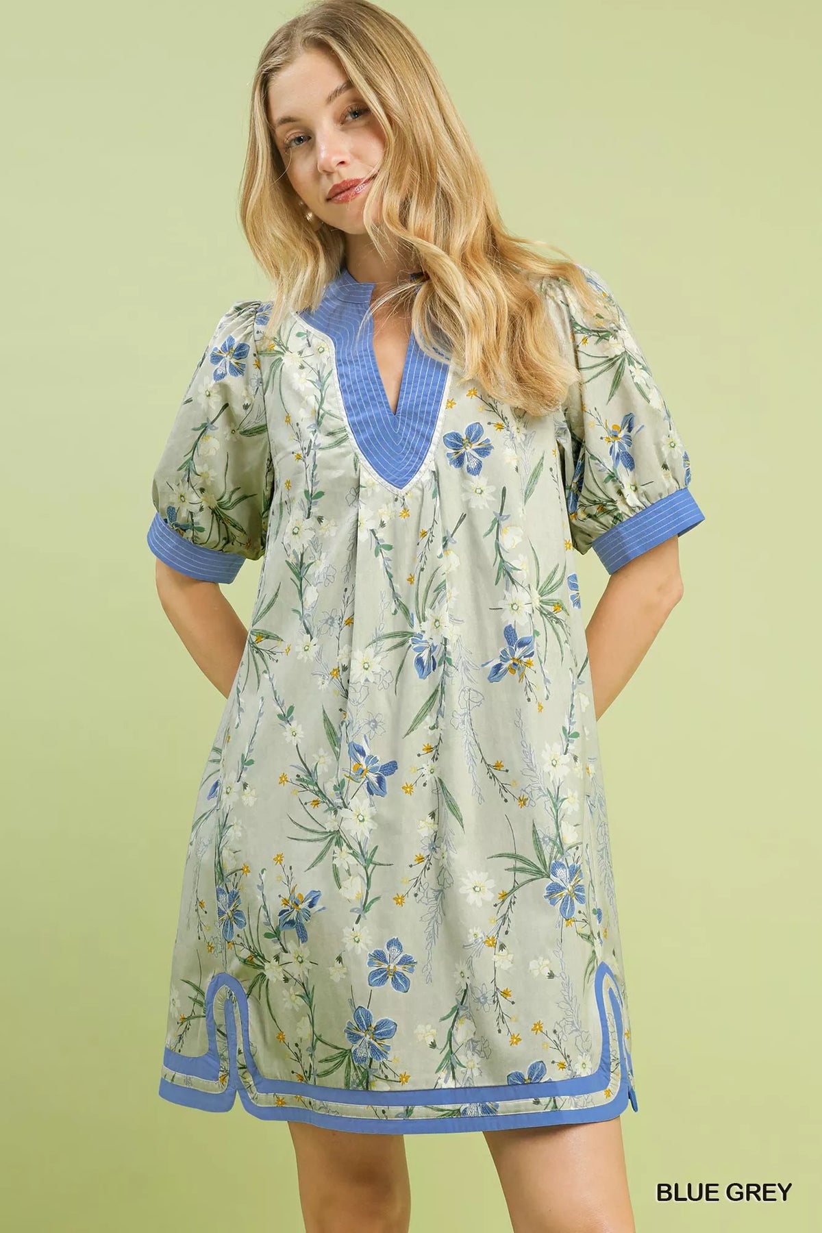 Umgee blue grey floral puff sleeve dress front view
