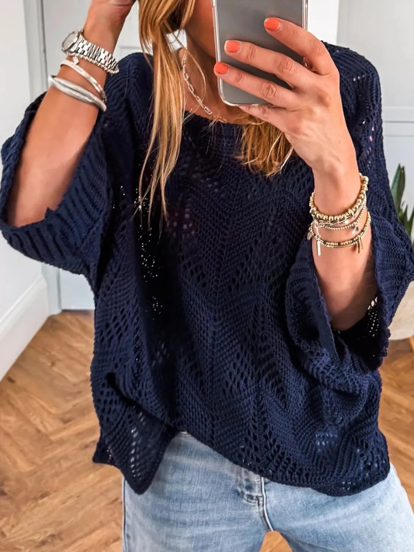 Crochet Long Sleeve Sweater - Fashorio
