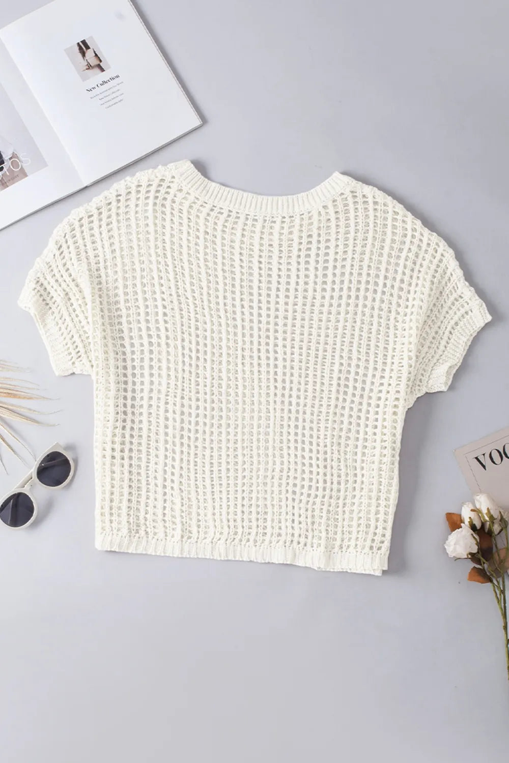 Openwork Round Neck Half Sleeve Knit Kimono Cover Up, view 6