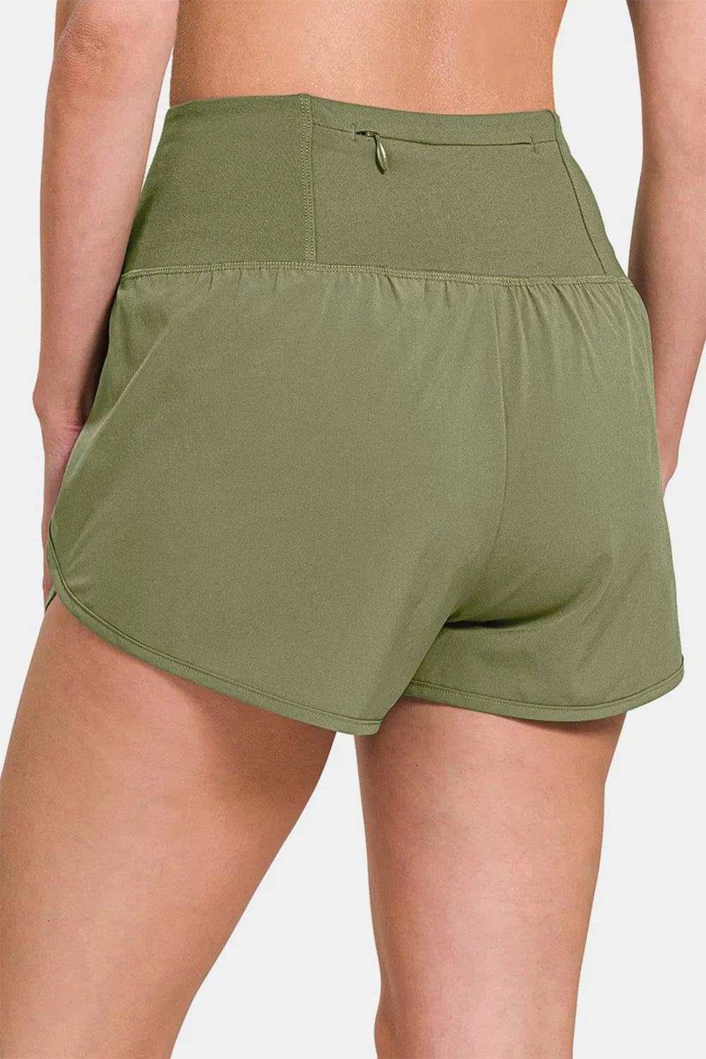 light olive Zenana high waist zip pocket active shorts back view
