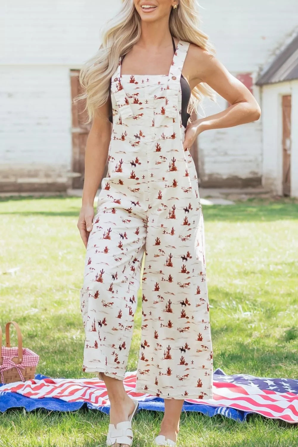 Western print detail close up on overalls
