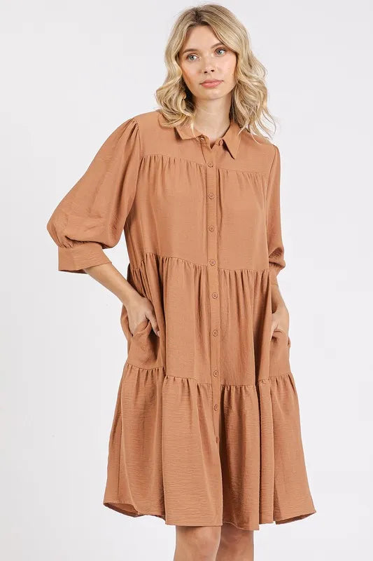 Button Detail Collared Neck Tiered Shirt Dress