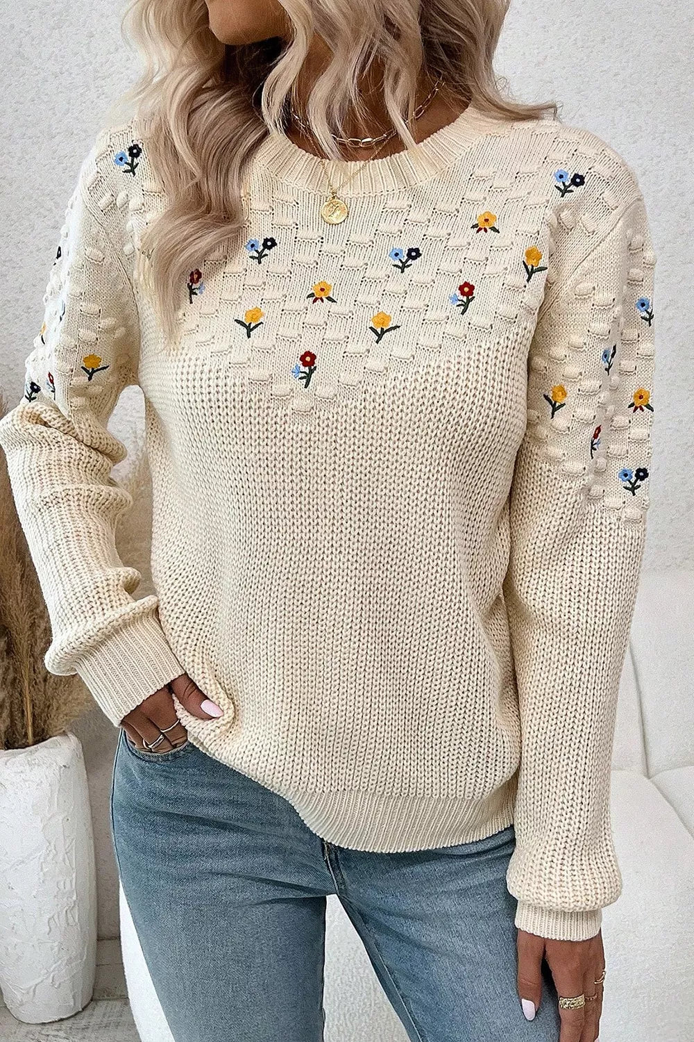 floral embroidered drop shoulder sweater beige side profile view